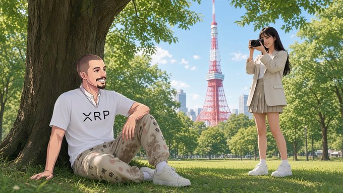 An anime-style illustration of a man wearing an 'XRP' shirt sitting under a tree and a woman taking his photo, with Tokyo Tower visible in the background.