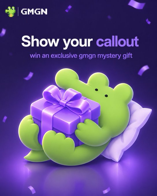 A green frog mascot holding a purple gift box against a purple background with confetti, promoting "Show your callout - win an exclusive gmgn mystery gift" from GMGN. The playful 3D illustration visually reinforces the post's call-to-action challenge, inviting users to make a callout on GMGN for a chance to win the mystery prize depicted.