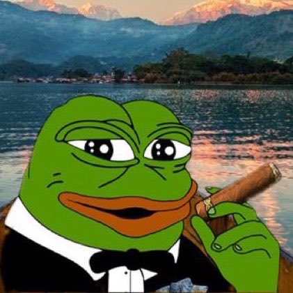 The Pepe the Frog meme smoking a cigar, dressed in a tuxedo, set against a scenic backdrop of a lake and mountains.