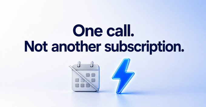A minimalist advertisement with text 'One call. Not another subscription.' next to a 3D calendar icon with a diagonal line through it and a blue lightning bolt symbol.