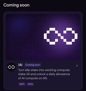 A 'Coming soon' announcement from 0G Labs introducing 'IAI', which turns idle stake into working compute to unlock a daily allowance of AI compute on 0G.