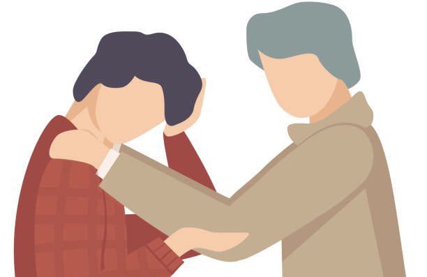 A minimalist illustration of two faceless figures, one in red and one in tan, with one person appearing to embrace or support the other by holding their arm.