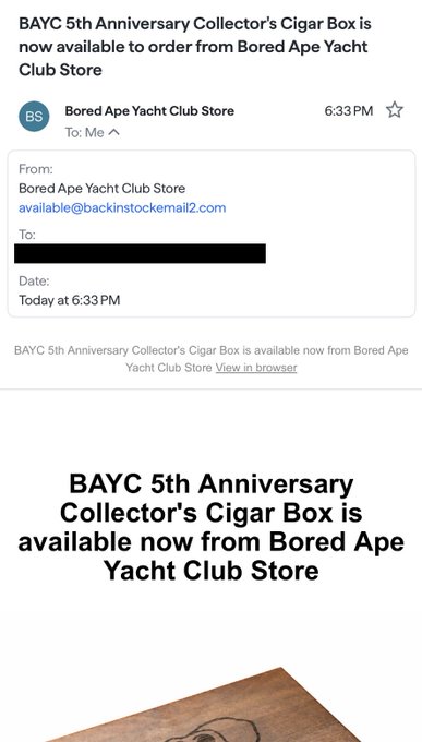 An email appears to be an advertisement for a cigar box, but upon closer inspection, it seems to be a scam or phishing attempt. The text reads "SCAM ALERT BAYC COMMUNITY I nearly fell for this email myself. If this lands in your inbox, DO NOT click the 'Buy' button or any links attached to it." It appears that someone is trying to trick people into buying something by posing as a representative of Bayc Community.