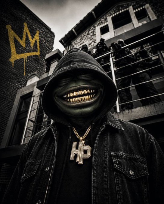A hooded figure with an eerie gold grin and a diamond "HP" chain stands in a dramatic urban setting, with a graffiti crown marking the wall and silhouetted figures watching from a balcony above. The imagery of unspoken dominance and street loyalty visually reinforces the post's message of building for the hood, tying directly to the $HPEPE ticker.