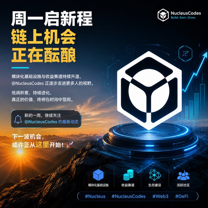 A promotional graphic for 'NucleusCodes' featuring a 3D cube logo on a glowing platform with Chinese text translating to 'Monday starts a new journey, on-chain opportunities are emerging' and hashtags #Nucleus, #NucleusCodes, #Web3, #DeFi.