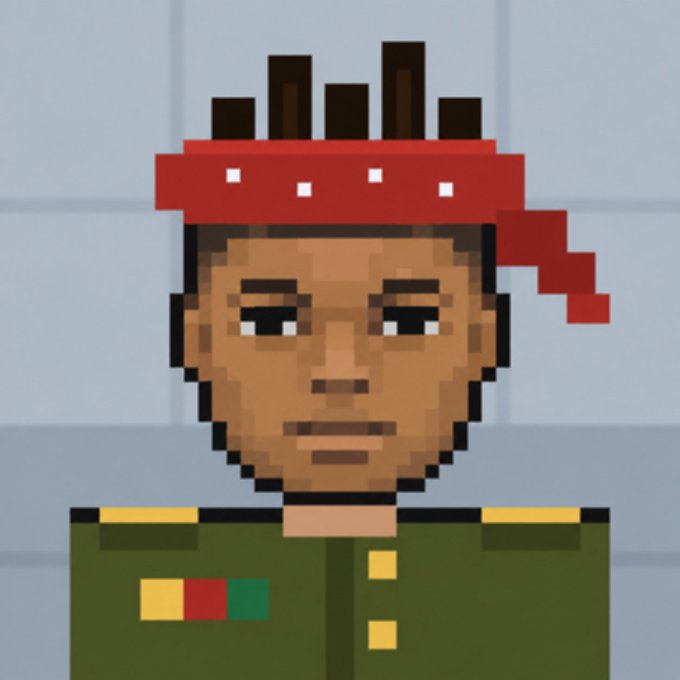 A pixel art portrait of a man with brown skin wearing a green military uniform with colored rank squares and a red and black headpiece.