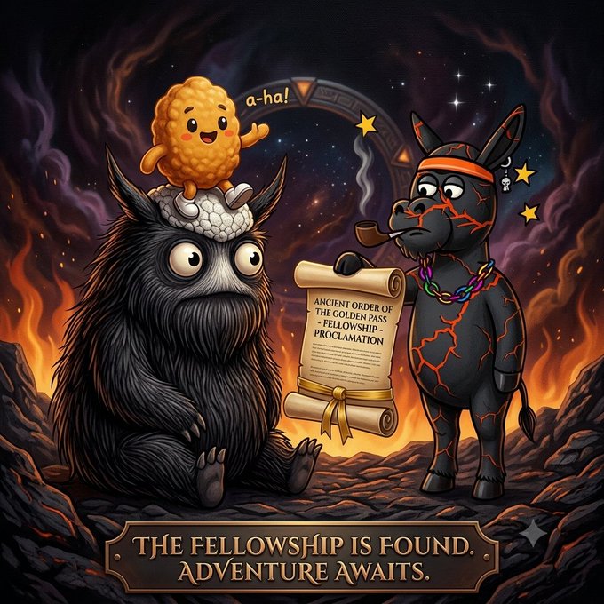 A cartoon illustration features a fluffy black creature, a small smiling yellow nugget character, and a cracked dark bull-like figure reading an 'ANCIENT ORDER OF THE GOLDEN PASS - FELLOWSHIP - PROCLAMATION' scroll, with text 'THE FELLOWSHIP IS FOUND. ADVENTURE AWAITS.'
