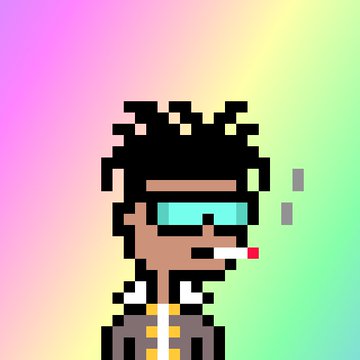 A pixel art character with dark hair, sunglasses, and a cigarette in their mouth stands against a colorful pastel gradient background.