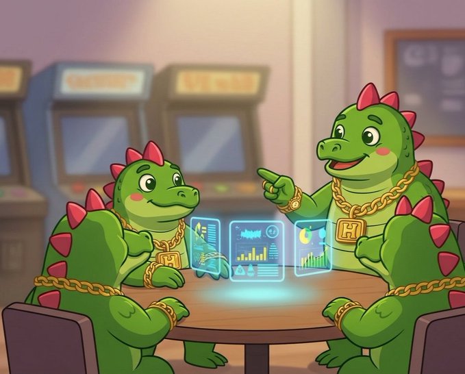 Four cartoon dinosaurs wearing gold chains gather around a table, interacting with holographic screens displaying charts and moon phases. The image visually represents the "Dino Gotchis" and the expanding "intelligence layer" mentioned in the accompanying post, where data from wearables and AI coaching contribute to growing digital assets.