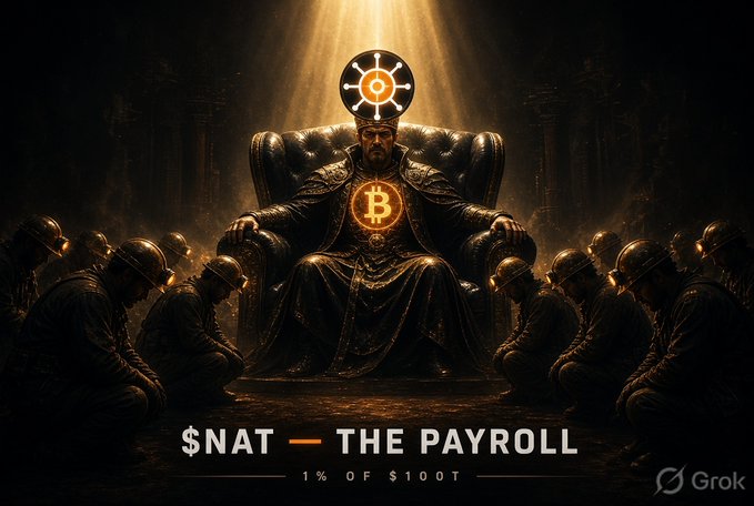 A dark, dramatic digital artwork titled '$NAT — THE PAYROLL (1% OF $100T)' showing a figure with a Bitcoin logo on their chest sitting on a throne surrounded by kneeling workers in hard hats.