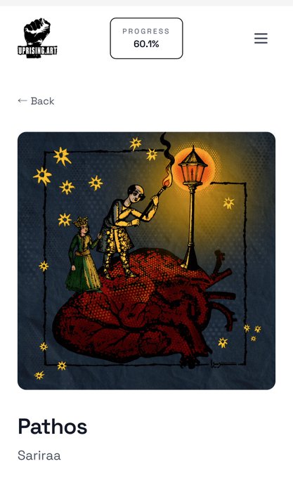 An album cover titled 'Pathos' by Sariraa displayed on the Uprising Art app, featuring an illustrated figure with a lantern.