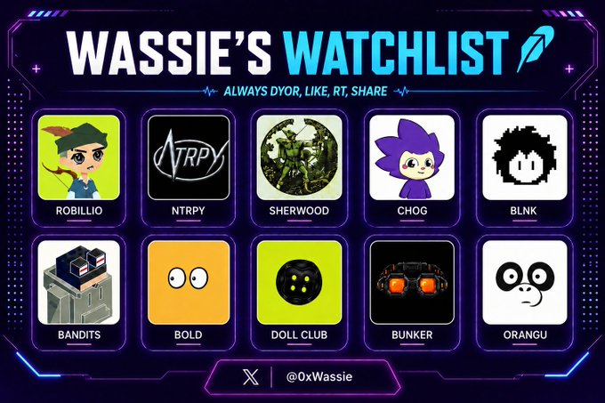 A neon-themed graphic titled "WASSIE'S WATCHLIST" with the tagline "ALWAYS DYOR, LIKE, RT, SHARE," featuring ten crypto/NFT project icons labeled ROBILLIO, NTRPY, SHERWOOD, CHOG, BLNK, BANDITS, BOLD, DOLL CLUB, BUNKER, and ORANGU, credited to @0xWassie on X. The image aligns with the post's focus on NFT whitelist opportunities, highlighting several of the mentioned projects like Robillio, Doll Club, and Blokyz (BLNK) as projects needing whitelist access.