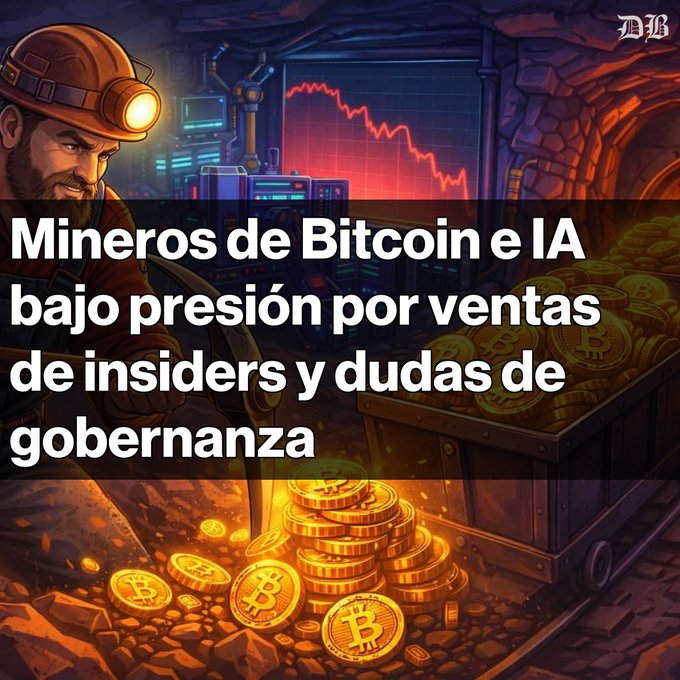 An illustration of a bearded miner with a headlamp driving a machine in a cave filled with Bitcoin, overlaid with Spanish text: 'Mineros de Bitcoin e IA bajo presión por ventas de insiders y dudas de gobernanza'.