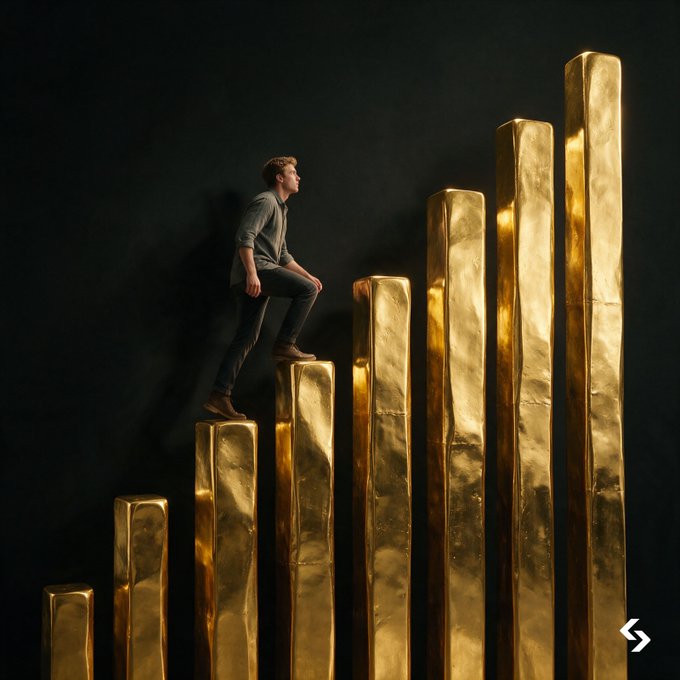 A man climbs a series of ascending golden bar pillars, symbolizing gold's upward price trajectory. The image visually reinforces the post's message about gold's 10% August surge and the bullish market sentiment toward $XAUT.