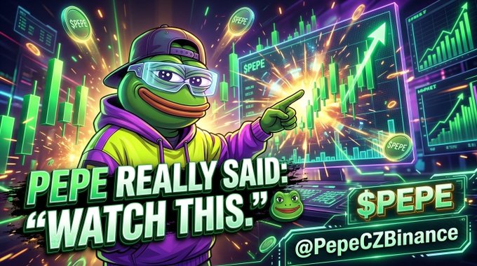 Vibrant promotional graphic featuring a Pepe the Frog character in a cap and sunglasses pointing at rising green crypto charts, with text 'PEPE REALLY SAID: WATCH THIS' and '$PEPE @PepeCZBinance'.