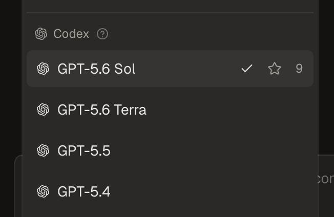 A dropdown menu displays Codex model options including "GPT-5.6 Sol" (currently selected with a checkmark and favorite star showing 9), "GPT-5.6 Terra," "GPT-5.5," and "GPT-5.4," illustrating the newly available Sol and Terra variants highlighted in the post.