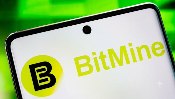 A smartphone displays the BitMine logo in yellow-green branding against a matching green background, visually anchoring the post's discussion of BitMine's massive $ETH accumulation strategy, which now includes 5.8 million ETH holdings and active share buybacks.