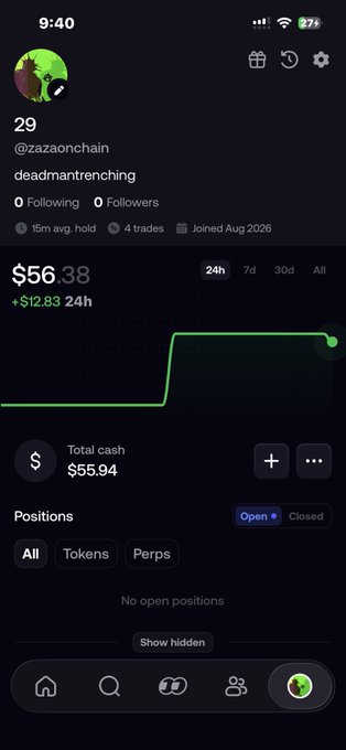 A mobile trading portfolio screen for user '29' (@zazaonchain) showing a 24h performance of $56.38 (+$12.83), total cash of $55.94, and no open positions, with a 15m average hold and 4 trades noted in the profile.