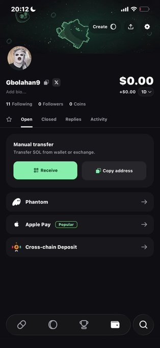A screenshot of a crypto wallet app displaying the profile "Gbolahan9" with a $0.00 balance, showing deposit options including Phantom, Apple Pay, and Cross-chain Deposit. This relates to the post as it shows the user has just opened their "pump" (likely referring to the Pump.fun platform) wallet to follow $TOAD season.