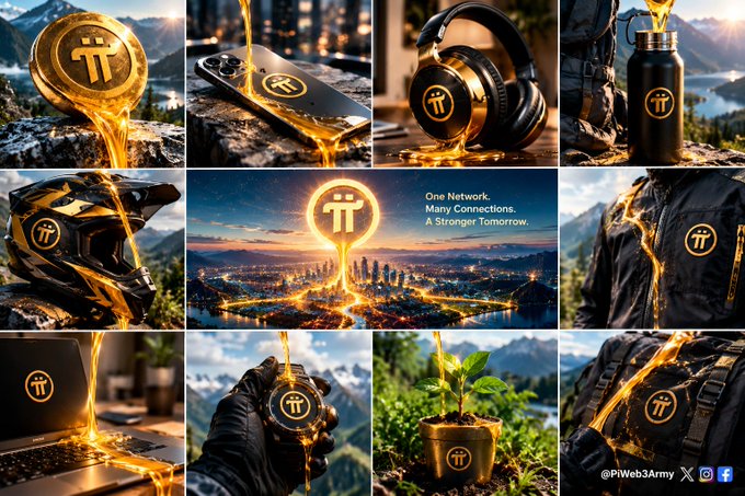 A grid of Pi Network (π) themed promotional images featuring gold coins, gadgets, apparel, and cityscapes with the Pi logo, branded by @PiWeb3Army with the tagline 'One Network. Many Connections. A Stronger Tomorrow.'