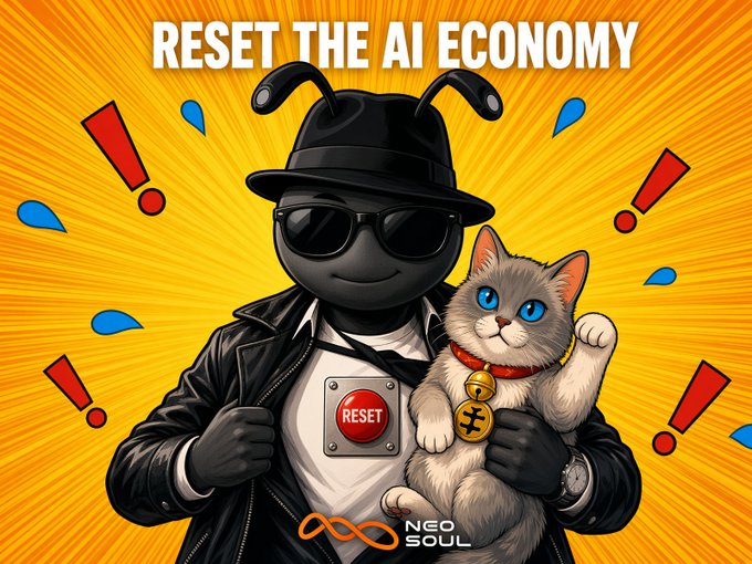 A stylized mascot wearing sunglasses, a fedora, and a leather jacket holds a white cat with blue eyes and a "RESET" medallion, with "RESET THE AI ECONOMY" text above and "NeoSoul" branding below, visually reinforcing the post's message about resetting the AI hype cycle to focus on substantive AI evolution like NeoTrade.