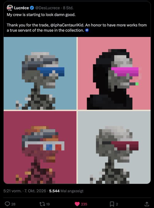 A screenshot of an X post by Lucrée (@DesLucrece) titled 'My crew is starting to look damn good,' thanking @IphaCentauriKid and displaying four pixel-art skull portraits on colored panels.