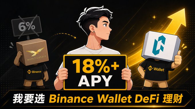 The image features a cartoon boy standing next to two other cartoon characters, each holding a box with a logo of a bird or a person wearing a T-shirt that says "Binance Wallet Defi". The background of the image is black, which contrasts with the yellow and gold colors used for the text. The post also includes some Chinese characters in the bottom right corner.