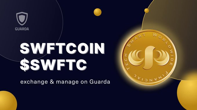 A Guarda cryptocurrency exchange promotional graphic for 'SWFTCOIN $SWFTC' showing a gold coin with 'TECH SMART WORLDWIDE FINANCIAL' around its edge, inviting users to 'exchange & manage on Guarda'.