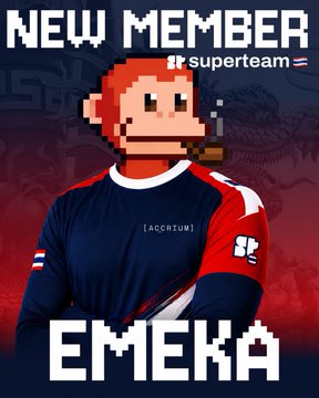 The pixel-art image announces "NEW MEMBER" with "superteam" branding and the name "EMEKA" displayed prominently, featuring a character wearing a blue and red "[ACCCTRUE]" jersey. The graphic serves as a welcome announcement for Emeka Nwosu, highlighting his new role at Superteam Thailand as an experienced 2x founder and payments operator with over 15 years in banking, fintech, and Web3.