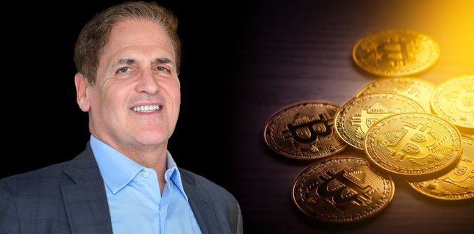 Billionaire Mark Cuban smiles alongside a collection of gold Bitcoin tokens, visually echoing his prediction that AI/computing chips will emerge as the next major asset class with crypto-style returns and demand.