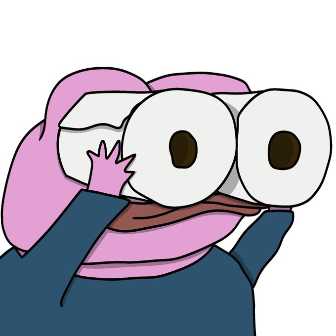 A cartoon illustration of a pink, frog-like character with large bulging eyes and blue clothing, appearing to cover its face with one hand.