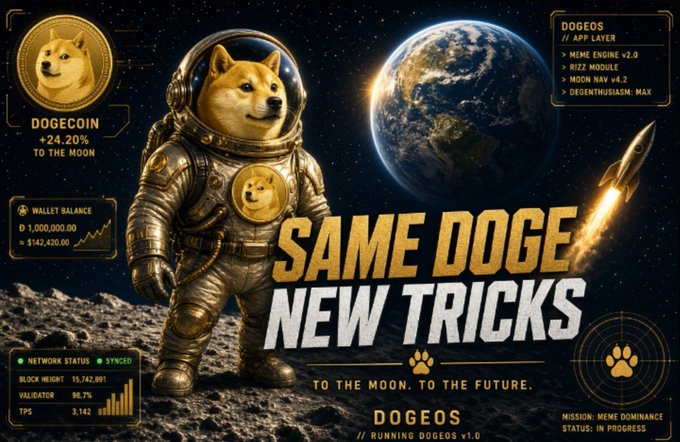 A Dogecoin-themed space scene shows the iconic Shiba Inu mascot in an astronaut suit on a lunar surface, flanked by a golden DOGE coin labeled "+24.20% TO THE MOON" and a HUD displaying a wallet balance of D 1,000,000.00 ($142,420.00). The bold central text reads "SAME DOGE NEW TRICKS — TO THE MOON. TO THE FUTURE. DOGEOS // RUNNING DOGEOS v1.0," with the "DOGEOS // APP LAYER" panel highlighting "MEME ENGINE v2.0" and "DEGENTHUSIASM: MAX," promoting DogeOS as the app layer built atop Dogecoin.