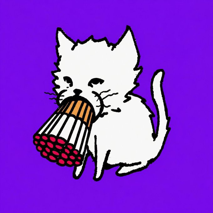 A simple white cartoon cat with closed eyes carries a large bundle of cigarettes with orange filters in its mouth against a solid purple background.