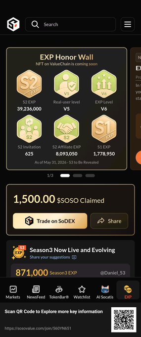 A crypto platform interface showing an "EXP Honor Wall" NFT on ValueChain with tier badges (S2 EXP, V5, V6, etc.), 1,500.00 $OSO claimed, and a Season 3 banner with 871,000 Season3 EXP.