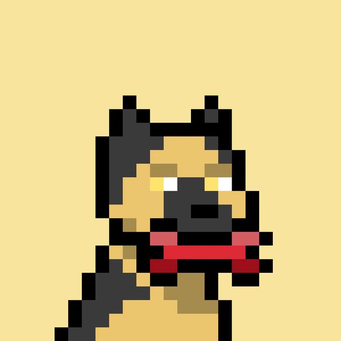Pixel art portrait of a figure wearing a red scarf against a yellow background.