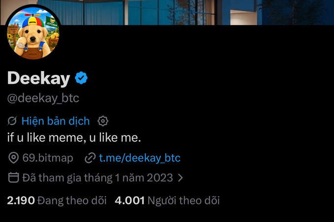 A Twitter/X profile page for Deekay (@deekay_btc), a verified account with a cartoon dog avatar, shows 2,190 following and 4,001 followers, joined January 2023, with a bio reading "if u like meme, u like me." The profile statistics and milestone-focused theme align with the post's message about reaching a new achievement through persistence, symbolizing the user's steady growth and progress in their endeavors.