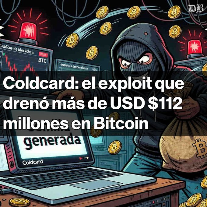 An illustrated hooded figure steals Bitcoin from a laptop with text reading 'Coldcard: el exploit que drenó más de USD $112 millones en Bitcoin generada' and blockchain charts in the background.