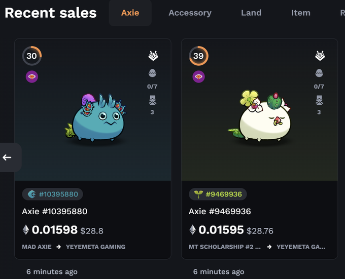 The image shows a screenshot of an eBay page displaying two eBay item descriptions. One description features a monster figurine, while the other showcases a virtual insect in an animated cartoon style. The item descriptions are accompanied by their respective prices below them, which seem to be based on real-life values. The text in the post indicates that these items are currently available for sale at eBay and shows different price options for each item description. The eBay title reads "Latest eBay simulation results", and there's also a section titled "Simulation results @AxieInfinity" with additional details about the simulations.