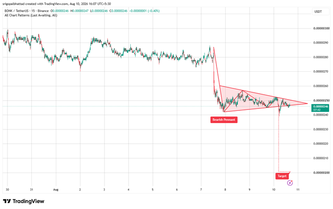 TradingView chart for BONK/USDT on TetherUS showing a bearish pennant pattern identified by srigopalbhattad with a target marked below.