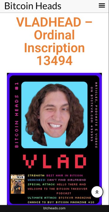 A mobile screenshot of the 'Bitcoin Heads' website featuring 'VLADHEAD – Ordinal Inscription 13494', displaying a stylized portrait of a smiling person with long brown hair on a blue background, labeled 'BITCOIN HEADS #1' and 'VLAD', with stats like 'STRENGTH: BEST HAIR IN BITCOIN'.
