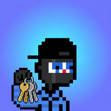 A pixel art character in a black ski mask and blue outfit holds up a set of keys, seemingly suggesting access to something secret or exclusive related to the tagged NFT projects. The mask implies "revealing" or "unlocking," tying into the post's playful hint that a secret is being exposed.
