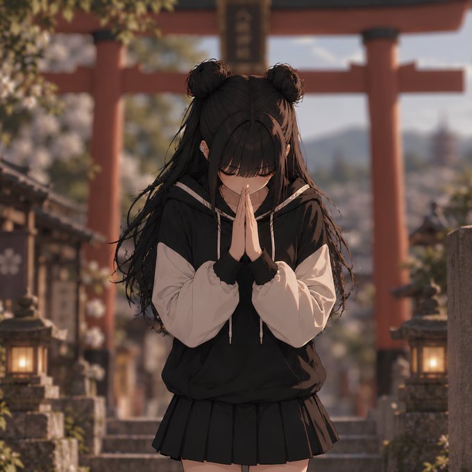 An anime-style illustration of a girl with long black hair and twin buns, wearing a black and white hoodie and black pleated skirt, with her hands clasped in prayer in front of a large red Japanese torii gate.