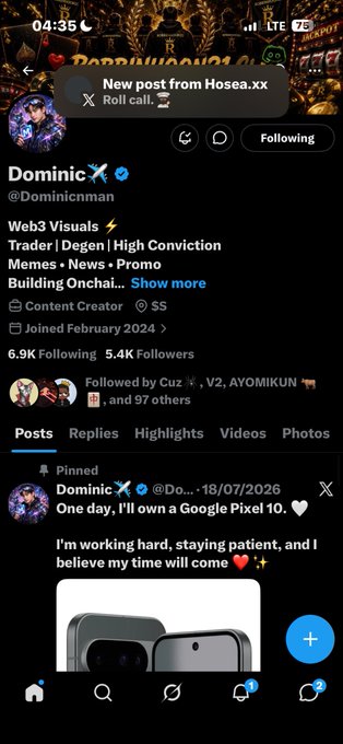 A screenshot of an X (Twitter) profile for "Dominic @Dominicnman" described as a Web3 Visuals Trader, with a pinned post showing Google Pixel phones and text "One day, I'll own a Google Pixel 10."
