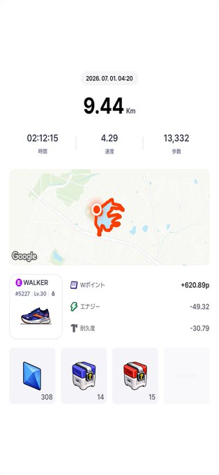 Walking workout dated 2026.07.01 covering 9.44 km in 02:12:15 at 4.29 speed with 13,332 steps, showing a WALKER Lv30 sneaker earning +620.89p, -49.32 energy, -30.79 durability.