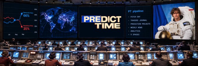 Cinematic scene of a mission control-style newsroom with large screens displaying 'PREDICT TIME', a world map, prediction market odds for 'Democratic Party 66%' vs 'Republican Party 35%', a 'PT pipeline' list (Patriot Day, Traders Journal, X-Spaces, etc.), and an astronaut image.