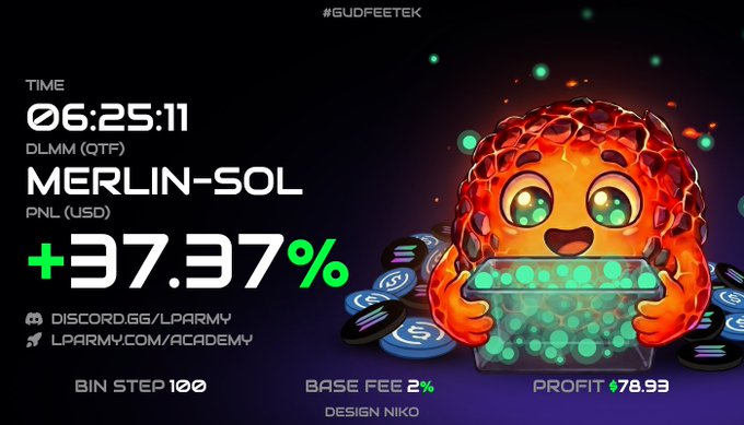 The image is a cartoon-style illustration of an orange figure holding a pile of green circles, with the text "time 6:25:11 duration DTM (TDTM) Merlin-Sol" visible above it. Below this, there are numbers and letters, possibly representing financial information or tracking progress in a gaming scenario. The post appears to be about a patient building persistence for a strategy game involving a character called "merlin sol", who is known for his resourcefulness using different shapes of magic boxes as tools.
