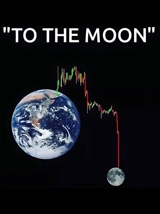 A humorous crypto meme titled 'TO THE MOON' showing Earth connected by a downward-trending candlestick chart to the Moon, mocking failed price predictions.