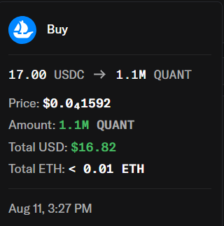 A transaction confirmation showing the purchase of 1.1M QUANT tokens for $16.82 USDC (~$0.001592 each) via a DCA strategy, dated August 11 at 3:27 PM, illustrating the user's consistent accumulation of $QUANT.