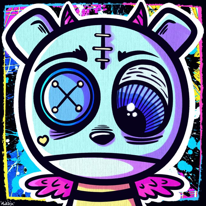 A stylized cartoon character with a teddy bear-like face featuring a stitched forehead, mismatched button-eye and glowing blue eye, small pink heart, and outstretched pink-gloved hands, set against a vibrant splattered background. The image serves as the artwork for the NFT piece titled "Conscious," which the artist (signed "Murdoc") is celebrating a collector acquiring on the Objkt marketplace.