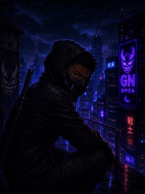 A hooded, masked figure sits overlooking a rain-soaked cyberpunk cityscape at night, with neon signs reading "GN" (Good Night), "未来" (Future), and "あやすみ" (rest peacefully), along with a Japanese warrior symbol. The moody, urban scene visually reinforces the post's message of winding down after a day's work—reflecting rest, resilience, and forward momentum in the crypto journey ("CT" = Crypto Twitter).
